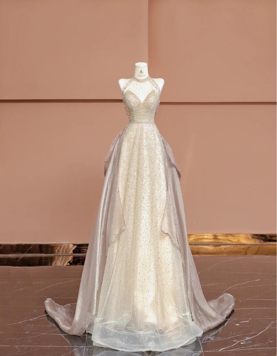 Champagne V-neck A-Line Beaded Tulle Long Prom Dresses Formal Evening Gowns HZ1024