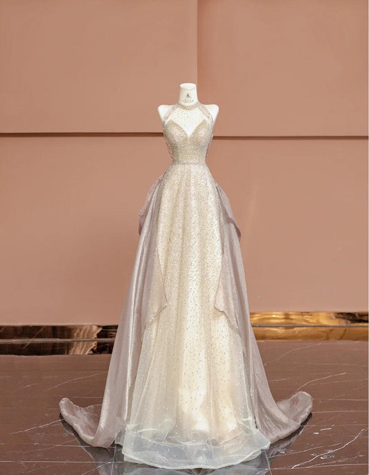 Gorgeous Champagne V-neck A-Line Beaded Tulle Long Prom Dresses Formal Evening Gowns ED02494