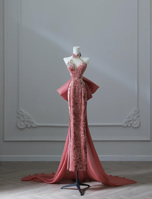 Elegant Dark Peach Mandarin Collar Sheath Printed Velvet Long Prom Dresses Formal Evening Gowns ED02495
