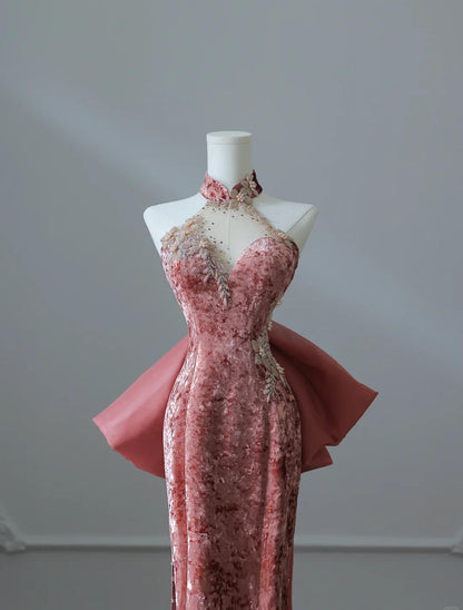 Elegant Dark Peach Mandarin Collar Sheath Printed Velvet Long Prom Dresses Formal Evening Gowns ED02495