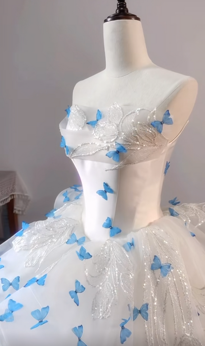 White Strapless Tulle A-Line Train Wedding Dress with 3D Butterflies HZ1024