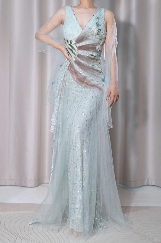 Light Green V-Neck Tulle A-Line Lace Sequins Prom Dresses Formal Backless Evening Gowns HZ1024