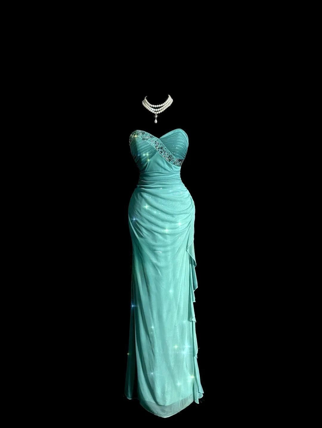 Blue Glitter Chiffon Sweetheart Sheath Prom Dresses Formal Evening Gowns with Ruffles HZ1024