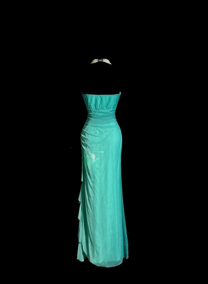 Blue Glitter Chiffon Sweetheart Sheath Prom Dresses Formal Evening Gowns with Ruffles HZ1024