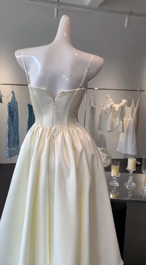 Cream Spaghetti Straps A-Line Satin Short Prom Dresses Birthday Evening Gowns HZ1024