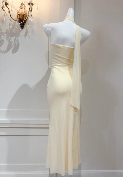 Butter Yellow Asymmetric Neck Chiffon Bodycon Party Dress Short Prom Dresses HZ1024