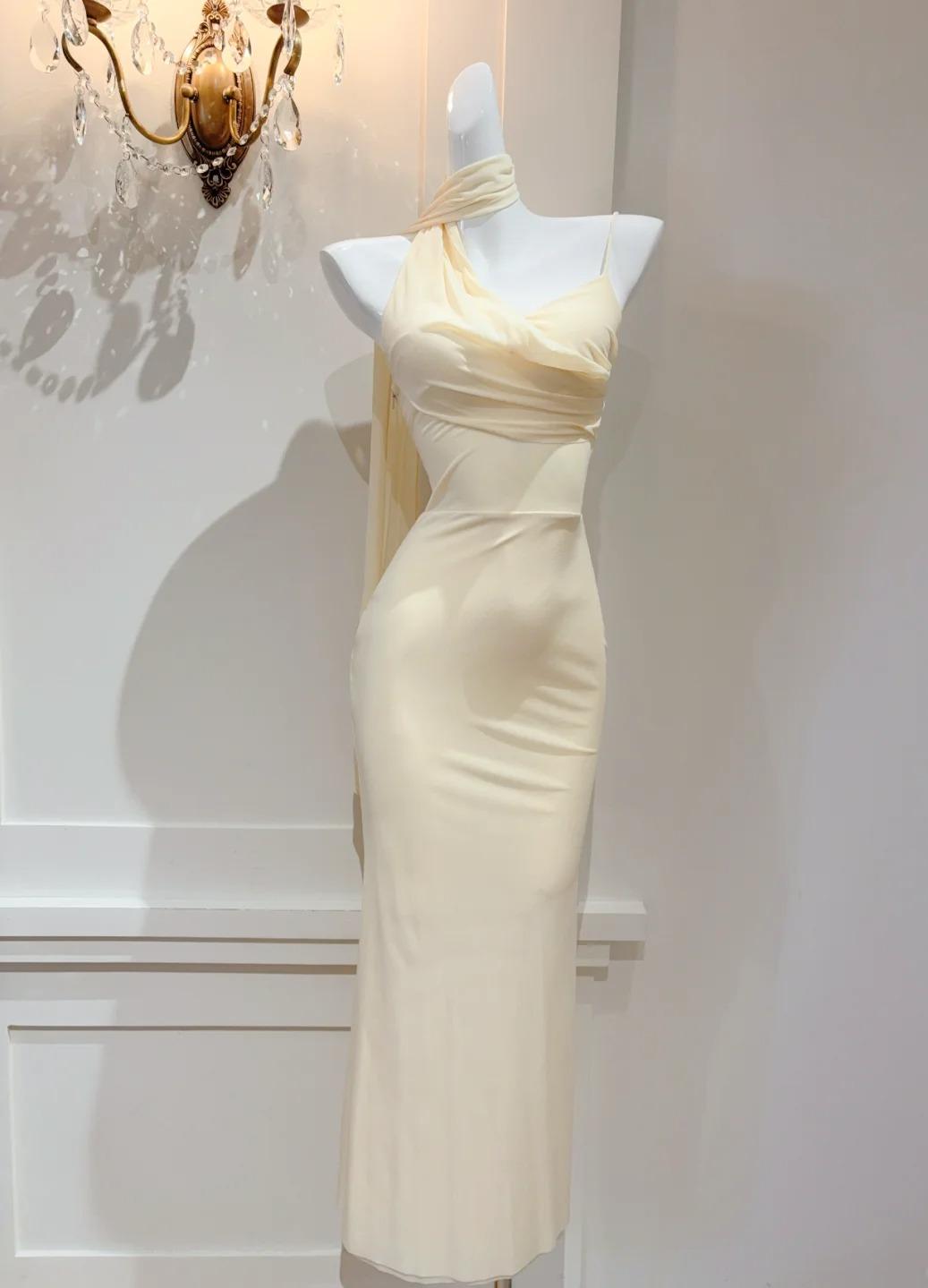 Butter Yellow Asymmetric Neck Chiffon Bodycon Party Dress Short Prom Dresses HZ1024