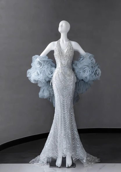 Silver V-neck Mermaid Beaded Sequin Long Prom Dresses Train Wedding Dress HZ1024