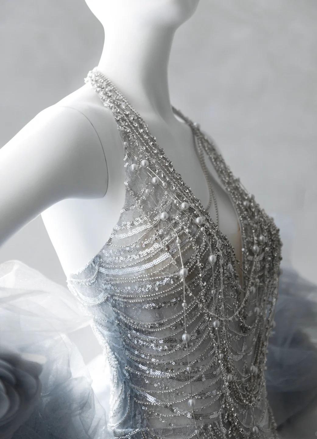 Silver V-neck Mermaid Beaded Sequin Long Prom Dresses Train Wedding Dress HZ1024
