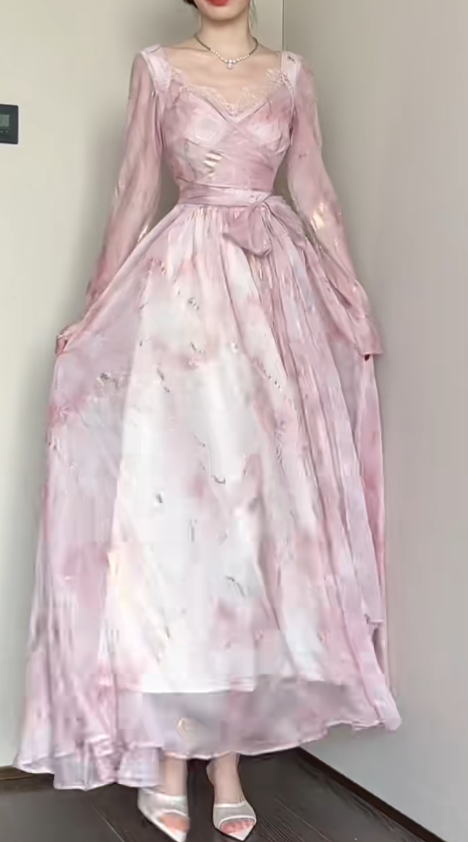 Elegant Pink V-neck A-Line Chiffon Party Dresses ED02526