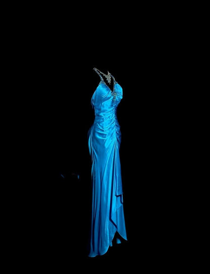 Elegant Blue V-neck Mermaid Beaded Satin Long Prom Dresses Backless Evening Gowns ED02528