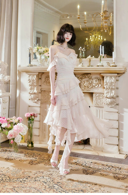 Glam Light Apricot Spaghetti Straps Chiffon Polka Dots Ruffles A-line Party Dress ED02529