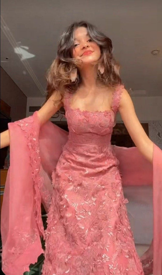 Gorgeous Hot Pink Square Neck Mermaid Tulle Appliques Long Prom Dresses Formal Evening Gowns with Capes ED02530