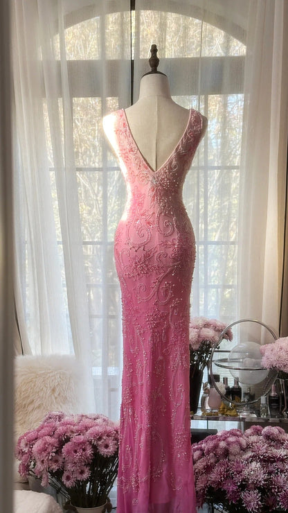 Gorgeous Gradient Pink Mermaid V Neck Chiffon Beading Long Prom Dresses Vintage Formal Evening Gowns ED02533