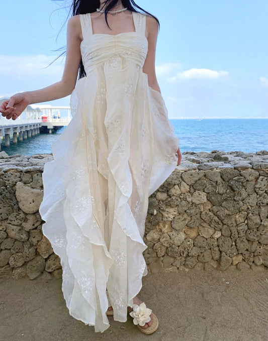 Fairytale White Square Neck A-Line Printed Chiffon Prom Dresses Sweet Birthday Party Dress ED02537