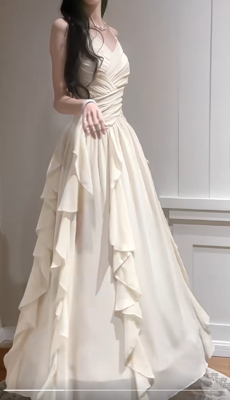 Apricot Spaghetti Straps A-Line Chiffon Long Prom Dresses Birthday Evening Gowns HZ1024
