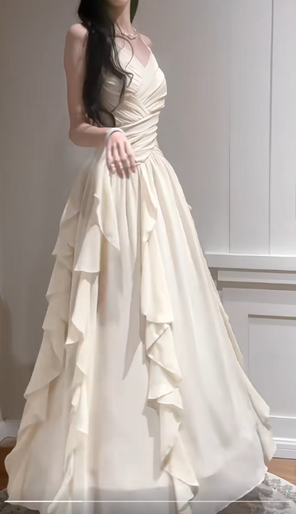 Apricot Spaghetti Straps A-Line Chiffon Long Prom Dresses Birthday Evening Gowns HZ1024