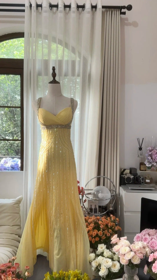 Gorgeous Butter Yellow Sweetheart Neck Mermaid Beaded Chiffon Long Prom Dresses Vintage Formal Evening Gowns ED02539