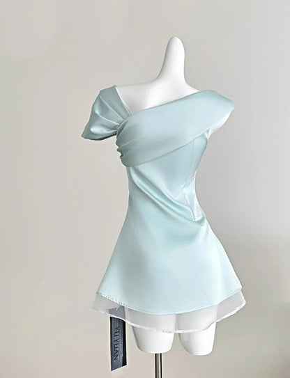 Sweet Tiffany Blue Asymmetric Neck Chiffon A-Line Party Dress  ED02541