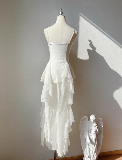 Sweet White Spaghetti Straps Chiffon A-Line Prom Dresses Birthday Evening Gowns  ED02545