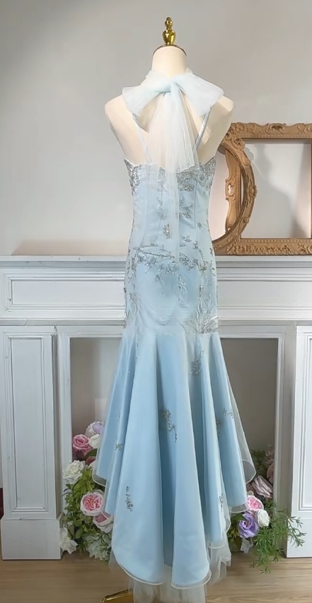 Blue Spaghetti Straps Tulle Mermaid Satin Sequin Prom Dresses Retro Birthday Evening Gowns HZ1024