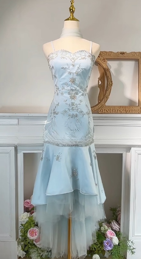 Blue Spaghetti Straps Tulle Mermaid Satin Sequin Prom Dresses Retro Birthday Evening Gowns HZ1024