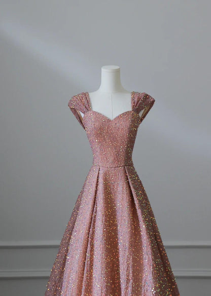 Sweet Pink Sweetheart Neck A-Line Sequin Long Prom Dresses Formal Evening Gowns ED02548