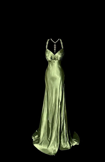 Green V-neck Satin Mermaid Long Prom Dresses Vintage Beaded Evening Dress HZ1024
