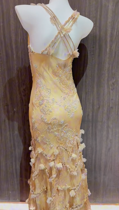 Glam Yellow Straps Mermaid Chiffon Beading Long Prom Dresses Vintage Evening Gowns ED02553