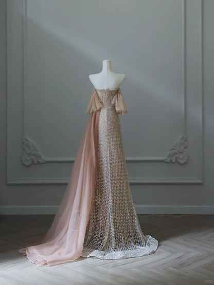 Stunning Light Champagne Strapless A-Line Tulle Beading Long Prom Dresses Formal Evening Gowns ED02556