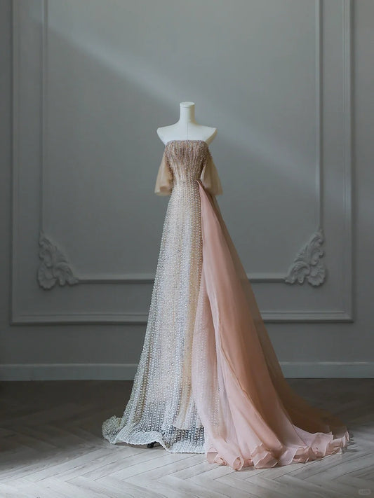 Stunning Light Champagne Strapless A-Line Tulle Beading Long Prom Dresses Formal Evening Gowns ED02556