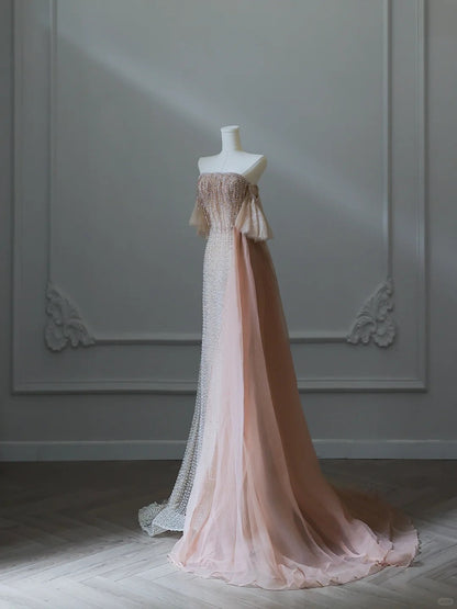 Stunning Light Champagne Strapless A-Line Tulle Beading Long Prom Dresses Formal Evening Gowns ED02556