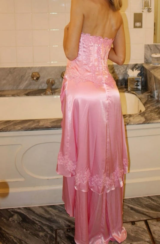 Pink Strapless Sheath Satin Lace Applique Prom Dresses Fashion Bridesmaid Dresses HZ1024