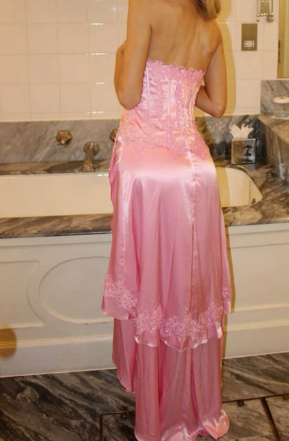 Sweet Pink Strapless Sheath Satin Lace Applique Prom Dresses Fashion Bridesmaid Dresses ED02557