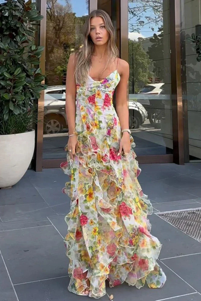 Gorgeous Blue Spaghetti Strap Party Dress Printed Chiffon A-Line Evening Gowns ED02558