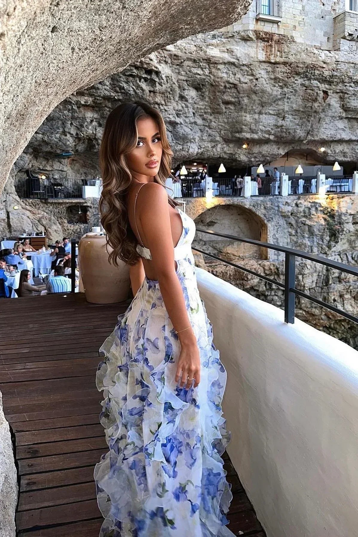 Blue Spaghetti Strap Party Dress Printed Chiffon A-Line Evening Gowns HZ1024