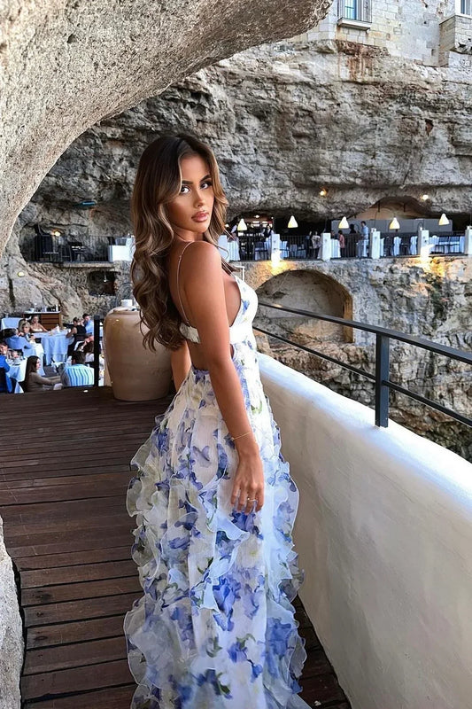 Blue Spaghetti Strap Party Dress Printed Chiffon A-Line Evening Gowns HZ1024