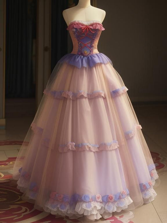 Sweet Pink Strapless A-Line Tulle Long Prom Dresses Formal Evening Gowns ED02560