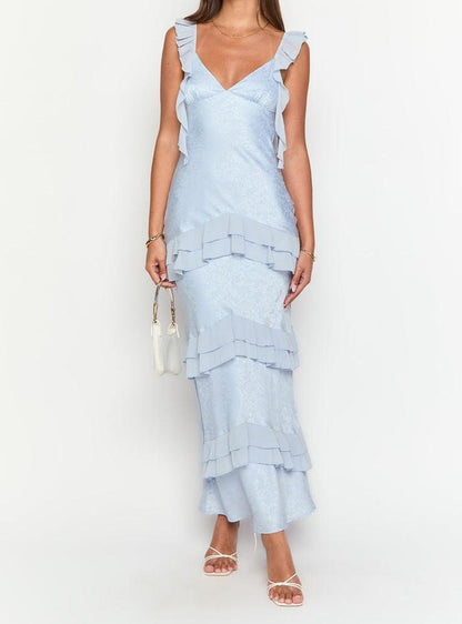 Elegant Grey Blue V-neck Chiffon Sheath Party Dress Formal Evening Gowns ED02561
