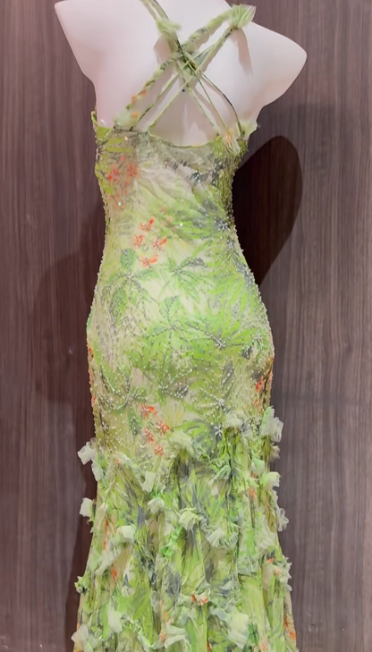 Gorgeous Green Spaghetti Straps Printed Chiffon Mermaid Beading Long Prom Dresses Vintage Evening Gowns ED02564