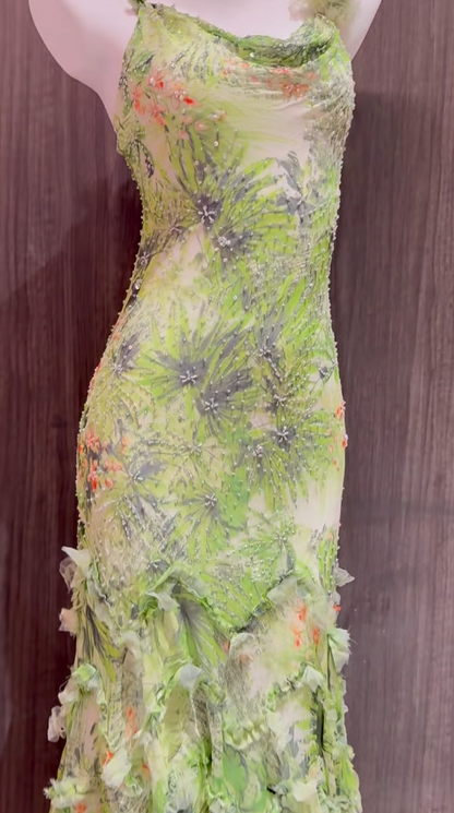 Gorgeous Green Spaghetti Straps Printed Chiffon Mermaid Beading Long Prom Dresses Vintage Evening Gowns ED02564