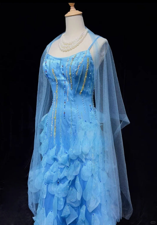 Pretty Blue Spaghetti Straps Sheath Chiffon Beaded Long Prom Dresses Sweet Birthday Evening Gowns ED02567