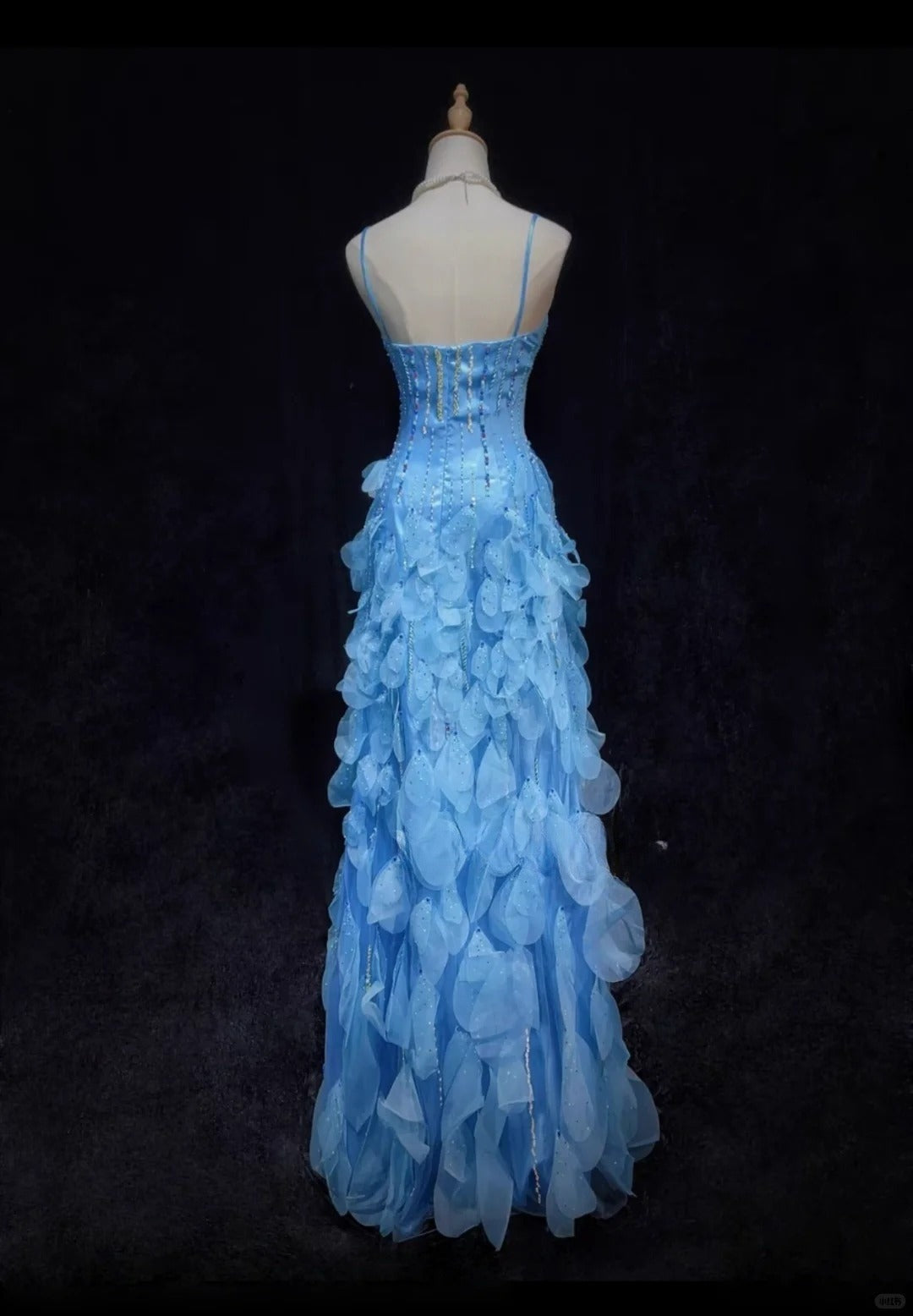 Pretty Blue Spaghetti Straps Sheath Chiffon Beaded Long Prom Dresses Sweet Birthday Evening Gowns ED02567