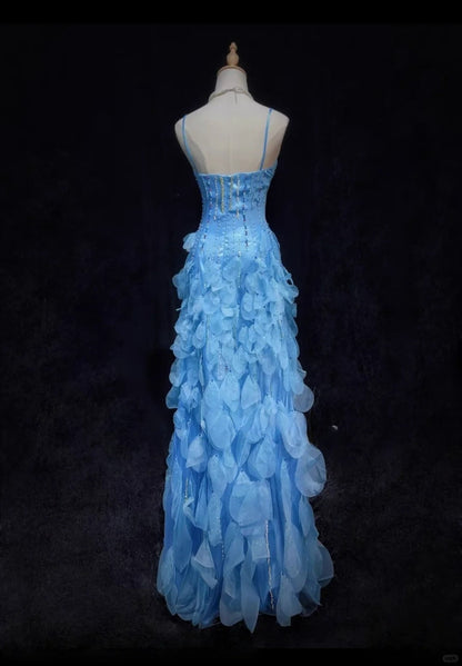 Pretty Blue Spaghetti Straps Sheath Chiffon Beaded Long Prom Dresses Sweet Birthday Evening Gowns ED02567