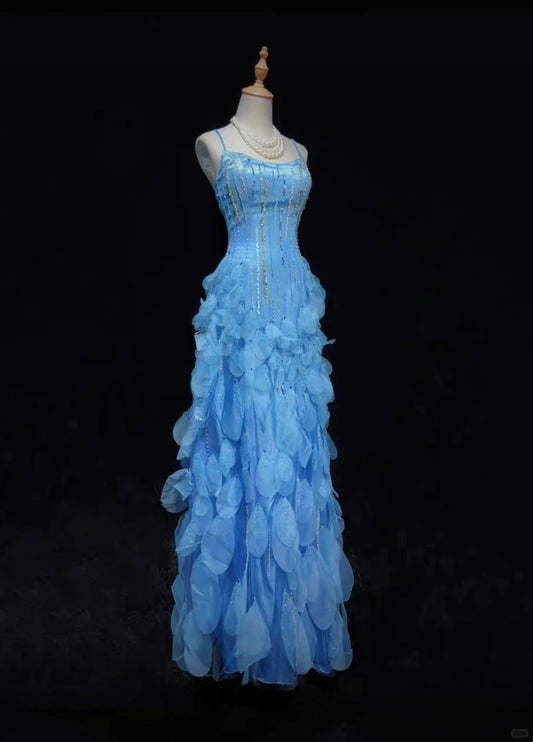 Pretty Blue Spaghetti Straps Sheath Chiffon Beaded Long Prom Dresses Sweet Birthday Evening Gowns ED02567
