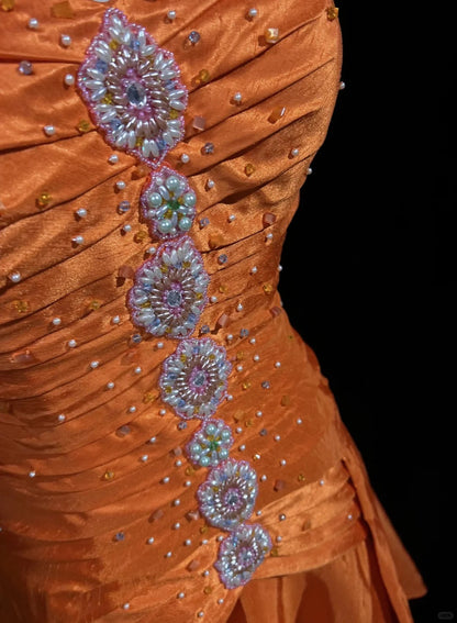 Gorgeous Orange Spaghetti Straps A-Line Satin Long Prom Dresses Formal Evening Gowns with Pleats ED02569
