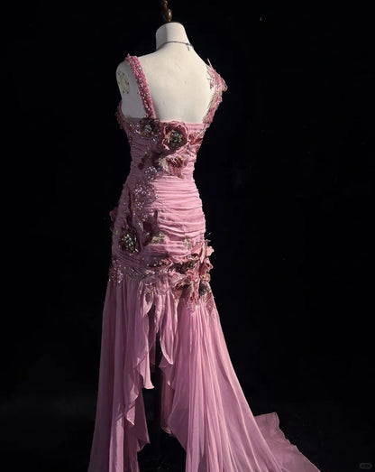 Stunning Mauve Square Neck Mermaid Chiffon Applique Long Prom Dresses Vintage Formal Evening Gowns ED02570