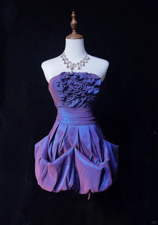 Purple Strapless A-Line Taffeta Short Prom Dresses Homecoming Dresses HZ1024