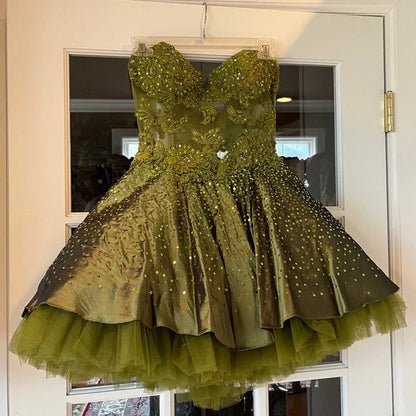 Dark Olive Green Sweetheart Neck A-Line Satin Tulle Short Prom Dresses Homecoming Dresses HZ1024
