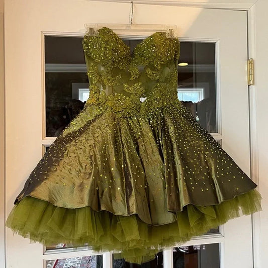 Dark Olive Green Sweetheart Neck A-Line Satin Tulle Short Prom Dresses Homecoming Dresses HZ1024